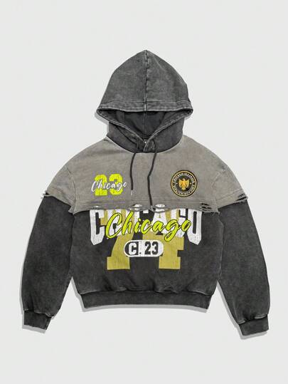 Street Life Felpa con cappuccio casual da uomo in stile retrò con motivo a contrasto e coulisse