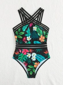 青少年女孩热带植物印花拼布丝带连体比基尼泳装，母子装（2 件单独出售） - 彩色 - 查看 6