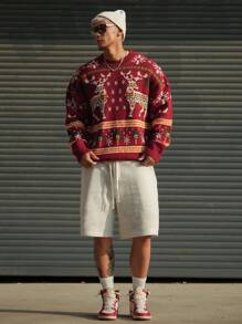 DAZY 秋季男士休闲鹿纹落肩长袖针织毛衣，圣诞节 - 彩色 - 查看 9