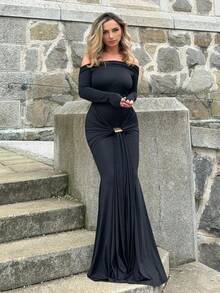 Jeta Ari Off Shoulder Long Sleeve Maxi Dress Vacation Summer Spring Romantic Wedding Guest Birthday, Elegant Holiday Ibiza - Black - View 1