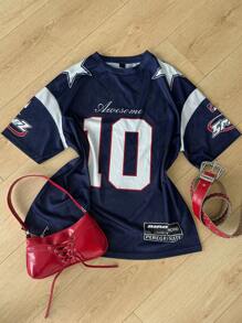 Coolane 女士和男士夏季外出返校节休闲比赛日 Y2K 透气网眼数字图案超大深蓝色平纹针织 T 恤 - 藏蓝色 - 查看 1