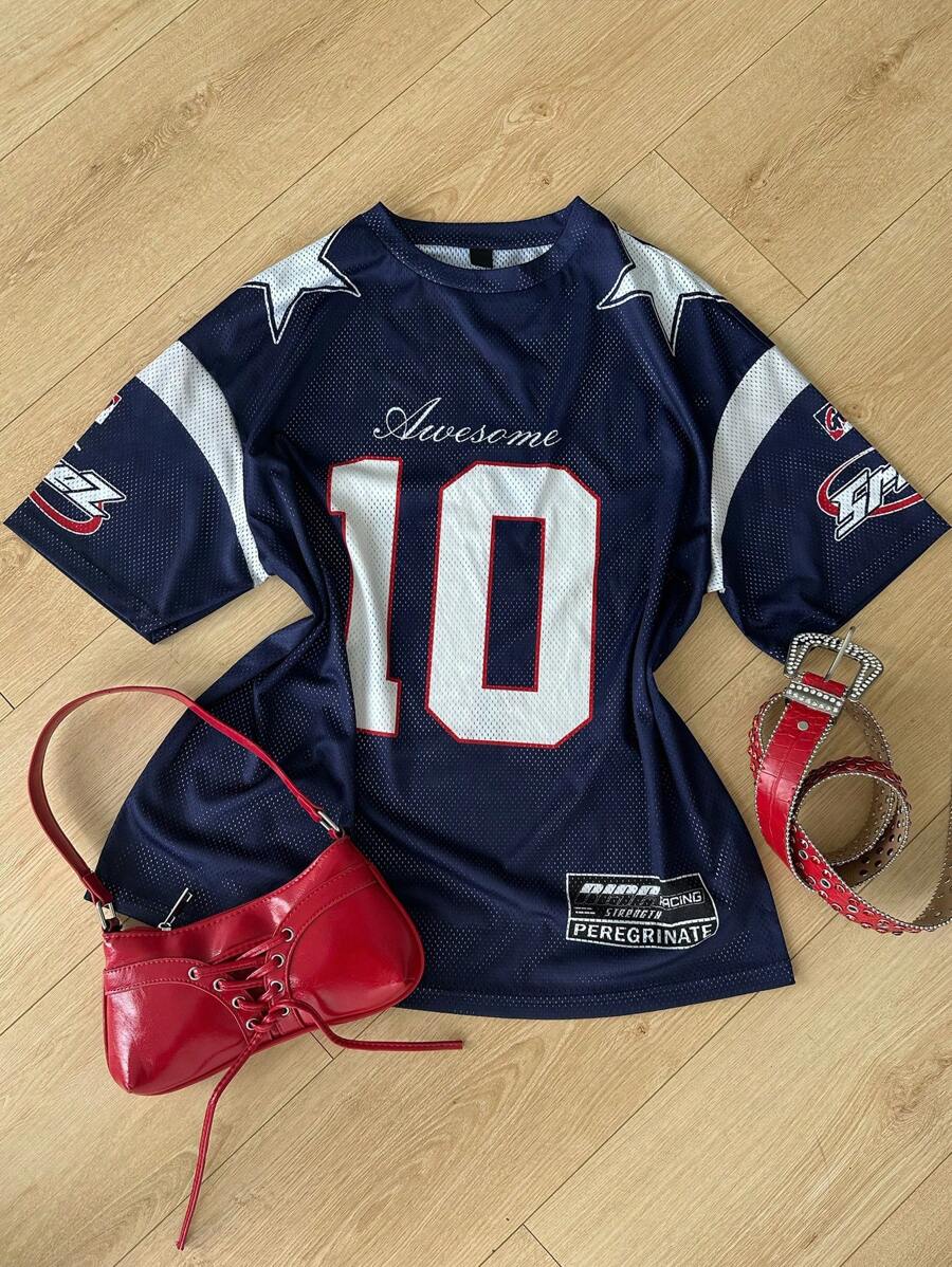 Coolane 女士和男士夏季外出返校节休闲比赛日 Y2K 透气网眼数字图案超大深蓝色平纹针织 T 恤 - 藏蓝色 - 查看 1