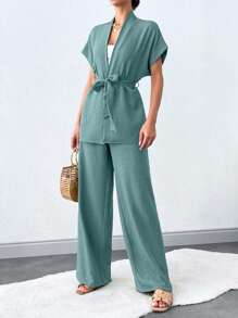 SHEIN Tall 纯色无袖休闲夏季高腰女士两件套（配腰带） - 薄荷綠 - 查看 6