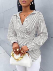 SOLERSUN 女式条纹印花纽扣前开襟衬衫，不对称下摆，蝙蝠袖，裹身衬衫，秋季，长袖，优雅，日常通勤，外出，休闲 - 灰色 - 查看 6