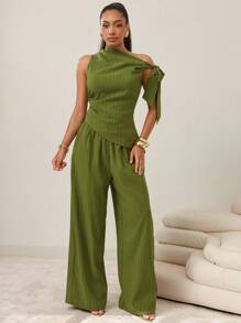 Vixey Stripe Elastic Waistband Wide Leg Pants, Business Casual, Office - Green - View 3