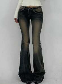 DAZY 女士破洞低腰修身弹力喇叭牛仔裤 低腰牛仔裤 - 深色水洗藍 - 查看 9