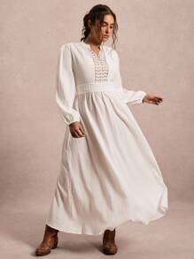 Freevana 大码休闲纯色蕾丝拼布连衣裙