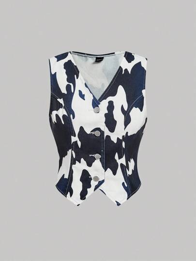SHEIN MOD Women's Casual Cow Print Single-Breasted Denim Vest, Back To Schools, Going Out Tops Women, Streetwears, Vintage Tops, Hawaii Women, Airport For Women