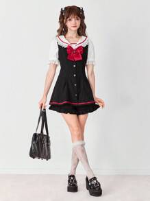 ROMWE EDITION 女士甜美撞色拼布彼得潘领蝴蝶结装饰衬衫和短裤两件套