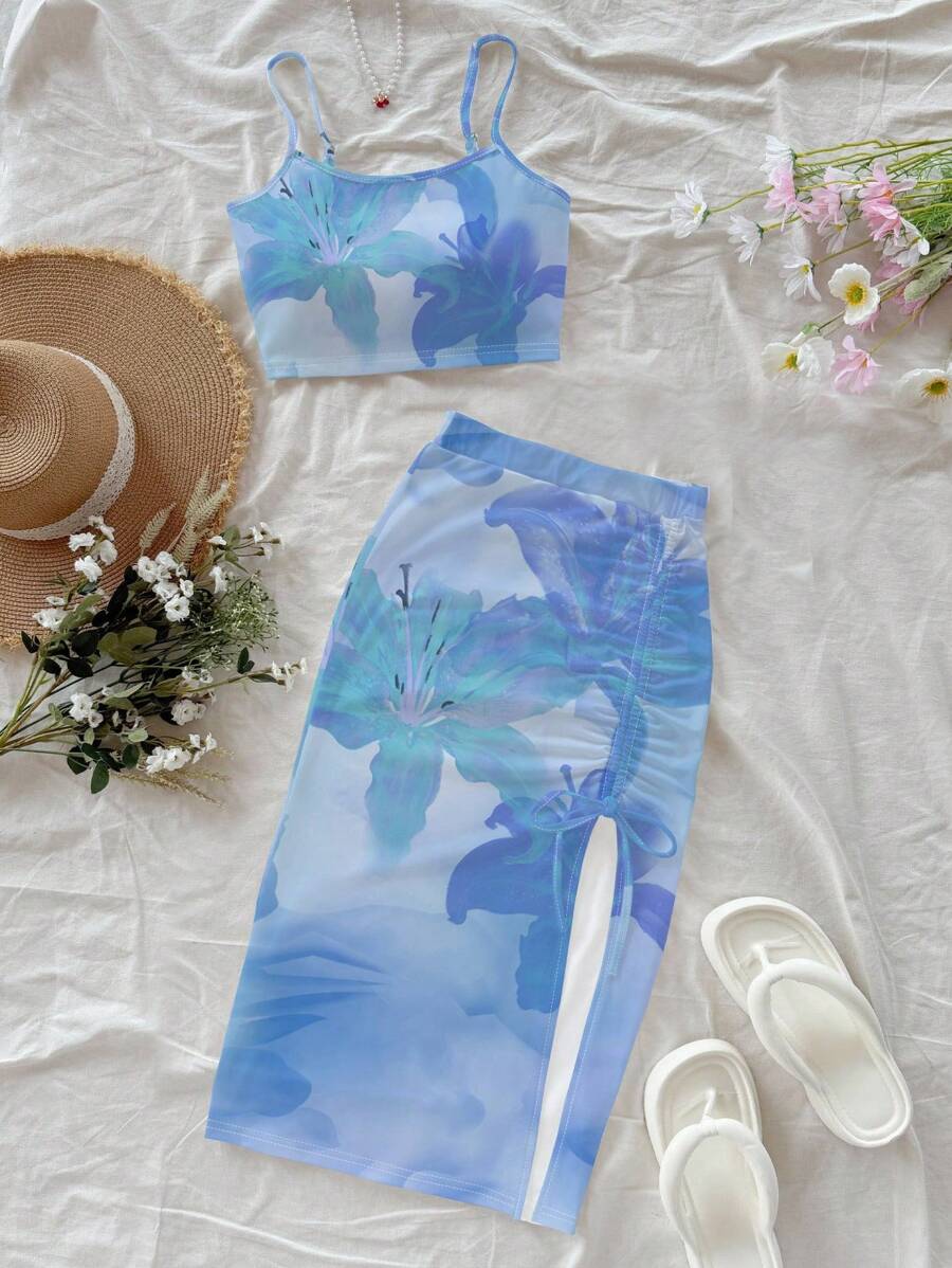 SHEIN Tween Girls' Summer Vacation Casual Floral Print Cropped Camisole And Drawstring Ruched High Slit Skirt Set - Blue - View 1