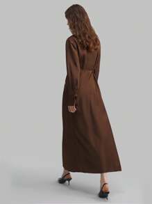 Ontre Women's Brown Autumn And Winter Wrap Dress, Lapel Long Sleeve Tie V-Neck Dress, Waist Loose Casual Commuter Brown Business Dress, Teacher Dress