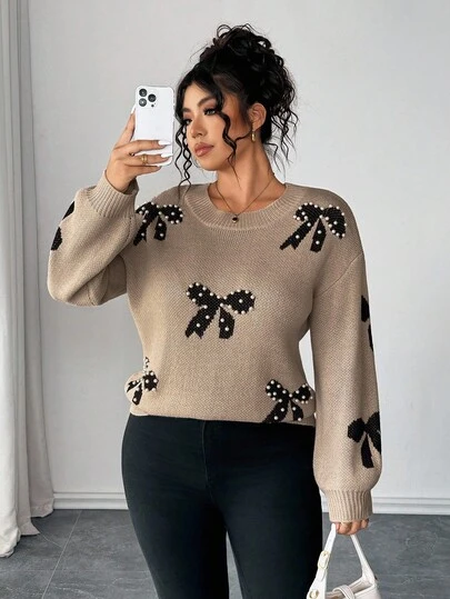 Elenzga Plus Size Women Elegant Long Sleeve Loose Beaded Bow Knit Sweater, Suitable For Outings, Vacation, And Clubs, Autumn/Winter Fall