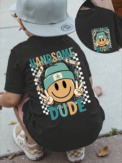 SHEIN Playful Pals Baby Boys' Casual Fashionable Comfortable Minimalist Versatile Checkerboard, Letter & Face Pattern Round Neck Fitted Knit T-Shirt, Cute Top For Summer