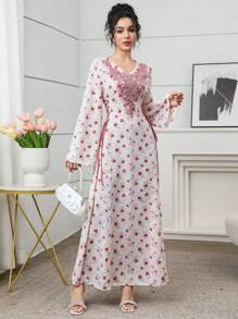 Al Najma V领花卉撞色扎染喇叭袖连衣裙，春夏 - 紅色 - 查看 6