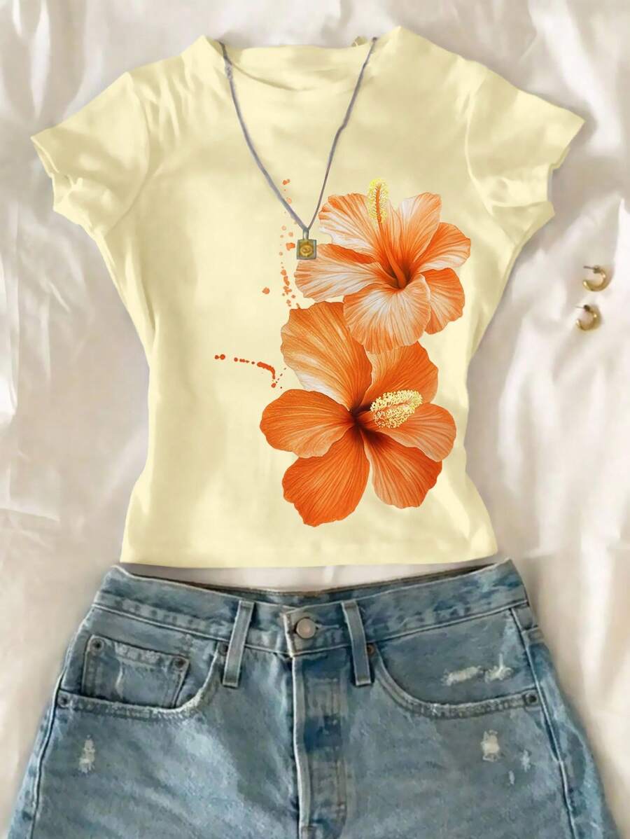 SHEIN 少女休闲花卉印花圆领T恤，夏季