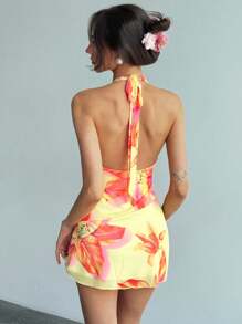 Aloruh Váy ôm sát cơ thể hở lưng chữ V sâu phong cách nghỉ mát châu Âu và Mỹ mới cho mùa hè - Màu vàng - Xem 3