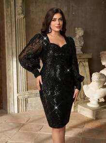 Aureia 加大码优雅浪漫黑色甜心领奢华刺绣亮片拼布透明长袖紧身鸡尾酒会连衣裙 - 黑色 - 查看 1