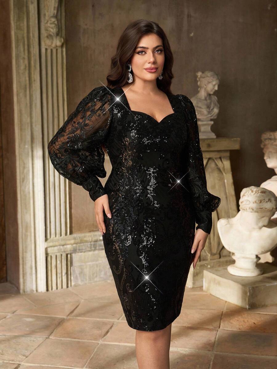 Aureia 加大码优雅浪漫黑色甜心领奢华刺绣亮片拼布透明长袖紧身鸡尾酒会连衣裙 - 黑色 - 查看 1