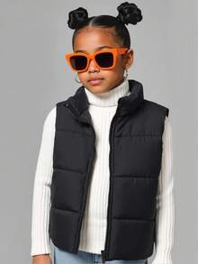 Girls' Casual Minimalist Stand Collar Sleeveless Loose Solid Color Padded Vest, Versatile Padded Coat For Autumn White - Black - View 4