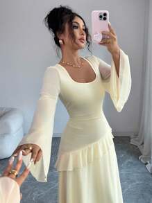 Elenzga Đầm maxi voan dáng chữ A, cổ vuông màu vàng kem thanh lịch, tay loe gợi cảm, xếp nếp, chất liệu voan xòe dành cho nữ, thích hợp cho tiệc tốt nghiệp, sự kiện ngày lễ, kỳ nghỉ, hẹn hò, trang phục thường ngày - Vàng nhạt - Xem 1