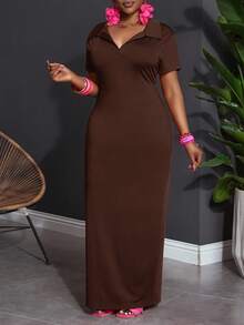 Slaydiva 女士大码休闲百搭夏季日常简约休闲修身高弹力Polo领短袖连衣裙棕色长款连衣裙巧克力棕色连衣裙棕色连衣裙长款棕色连衣裙棕色紧身连衣裙 - 棕色 - 查看 7