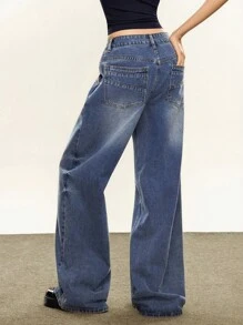 Rina Fox 女式宽松口袋阔腿休闲牛仔裤 - 深色水洗藍 - 查看 2