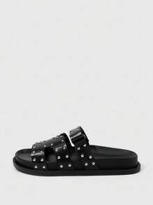 HighSole Mules de Mulher Moda Preta Simples com Tachas de Metal, Sola Grossa de Duas Camadas, Confortável, Adequado para Ir ao Trabalho, Encontros, Festas e Outras Ocasiões