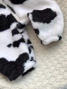 新生男婴/女婴两件套服装，温暖柔软的毛绒面料，可爱的奶牛印花，撞色，拉链连帽衫和宽松裤子，百搭百搭，适合户外玩雪和室内穿着 - 黑與白 - 查看 4