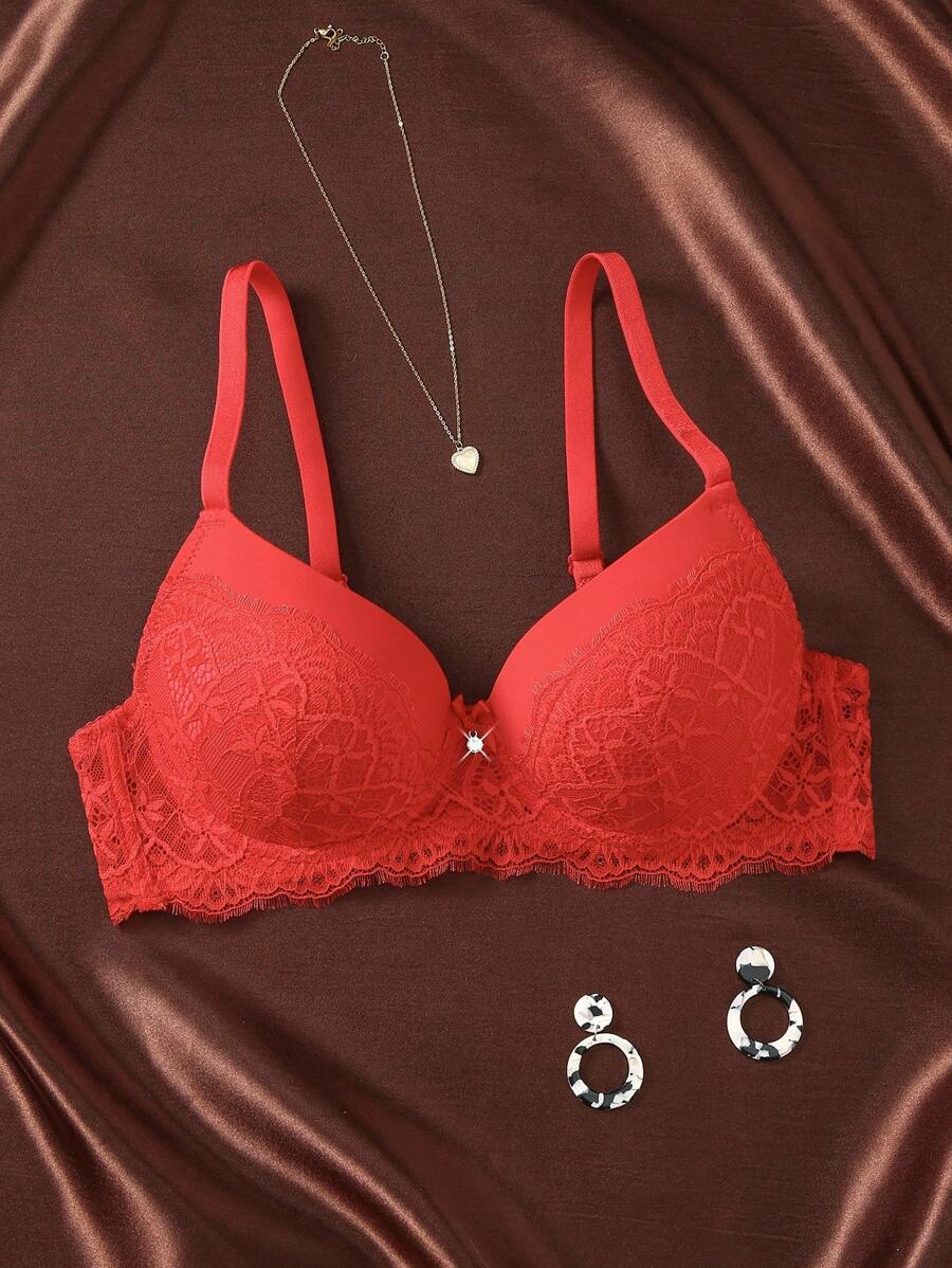 1 szt. koronkowy, patchworkowy, seksowny, romantyczny biustonosz bez fiszbin dla kobiet z małym biustem - Czerwony - Zobacz 1