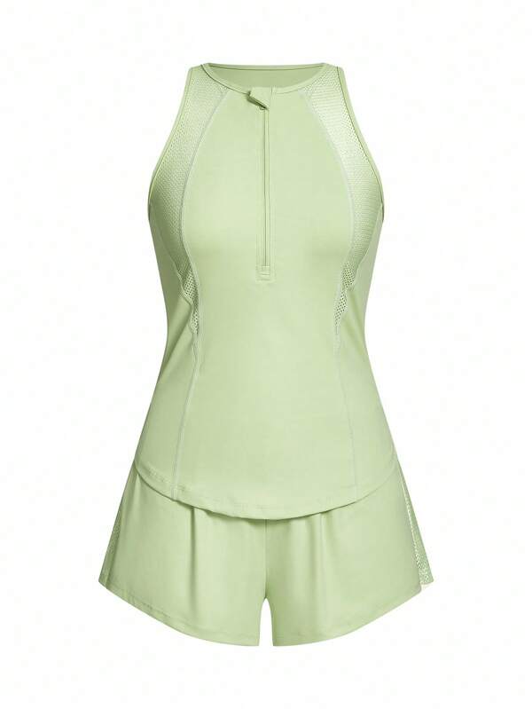 Easithlete Women's Solid Color Zip-Up Crew Neck Sleeveless Top And Shorts Outdoor Suit Workout Women Sets