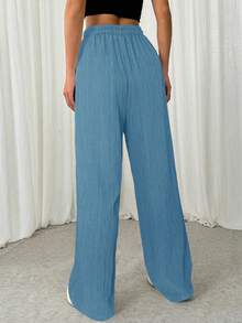 SHEIN EZwear 女式蓝绿色前系带休闲褶皱纹理长裤 - 水鴨藍 - 查看 2