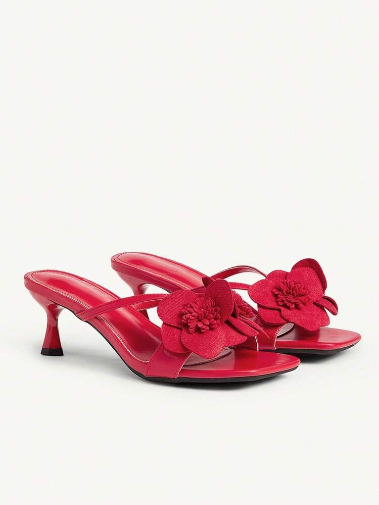CUCCOO CHICEST 女士优雅花卉绑带方头小猫跟凉鞋，浪漫时尚红色仿皮高跟鞋，适合春夏季、婚礼、约会、聚会、度假 - 紅色 - 查看 12