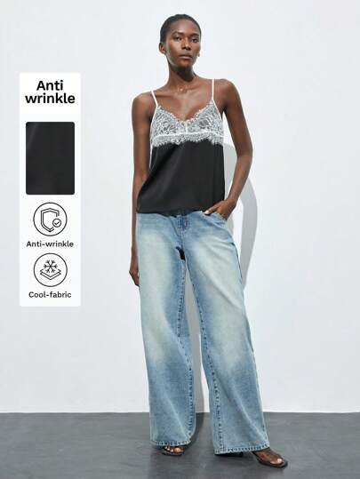 Maija Spring & Summer Outfits Black & White Lace Patchwork Summer Camisole Top For Women, Comfortable, Skin-Friendly, Elegant, Suitable For Graduation, Brunch, Formal/Casual Business Outings Beach