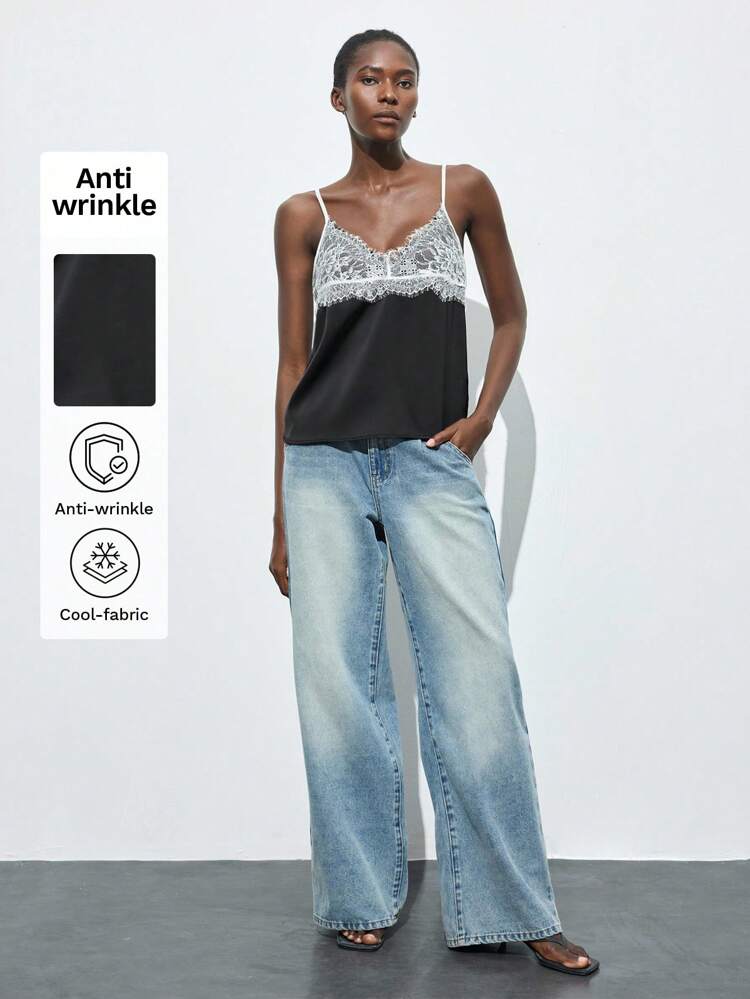 SHEIN Maija Spring & Summer Black & White Lace Patchwork Summer Cami Top For Women, Comfortable, Skin-Friendly, Elegant, Suitable For Graduation, Brunch, Formal/Casual Business Outings Beach