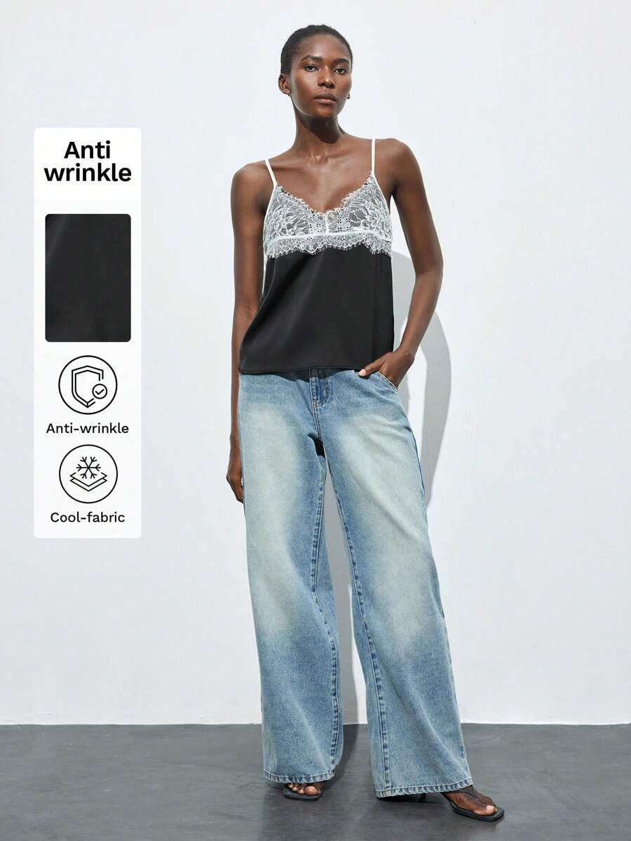 SHEIN Maija 春夏黑白蕾丝拼接吊带背心，舒适亲肤，优雅大方，适合毕业典礼、早午餐、正式/休闲商务场合及海滩穿着。 - 黑色 - 查看 1