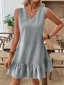 EMERY ROSE 女式夏季条纹露背单排扣荷叶边下摆休闲无袖迷你连衣裙 - 黑色 - 查看 5