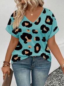 EMERY ROSE 大码女式休闲V领短袖卷边豹纹T恤 - 彩色 - 查看 6