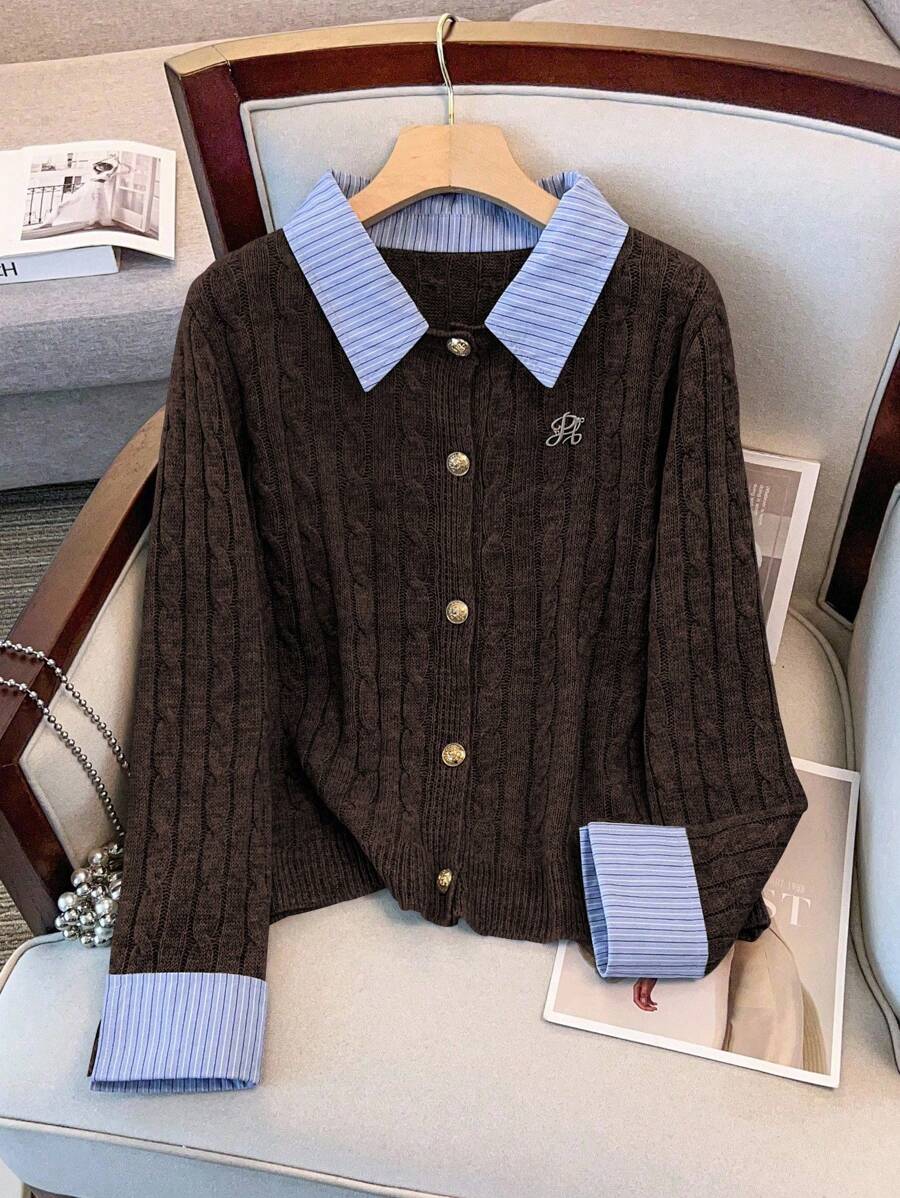 GlowEve CURVE Áo len cổ bẻ cài nút cổ tay áo len cardigan chắp vá cỡ lớn 2 trong 1 - Cà phê nâu - Xem 1