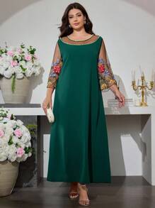 Al Najma Round Neck Puff Sleeve Colorful Embroidery Loose Hem Dress, Spring/Autumn - Dark Green - View 4