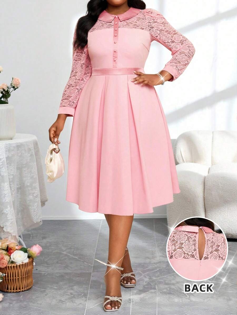SHEIN Lady Vestido largo de verano de manga larga elegante de color rosa pastel para mujer de talla grande, ideal para boda, cóctel y fiestas - Rosa - Ver 1