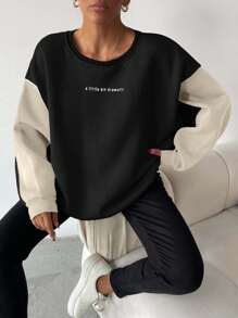 EURMUSE Cotton Pink Dark Grey Colorblock Oversize Fit Sweatshirt - Black - View 7