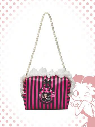 Betty Boop | ROMWE Cute Striped & Figure Graphic Beaded Handle Large Capacity Portable Cosmetic Makeup Bag