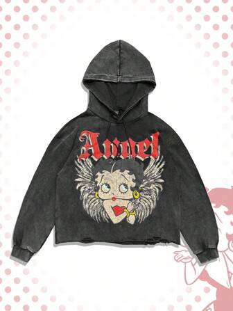 Betty Boop | ROMWE Herren Hoodie mit Cartoon-Motiv Grafik Langarm