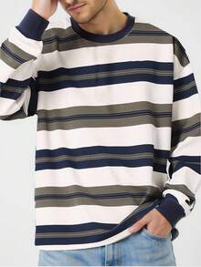 Manfinity Dauomo Men's Striped Print Casual Versatile Long Sleeve Pullover T-Shirt - Multicolor - View 7