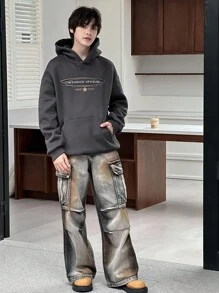 DAZY Men's Letter Graphic Hooded Sweatshirt, Autumn - Grey - View 10