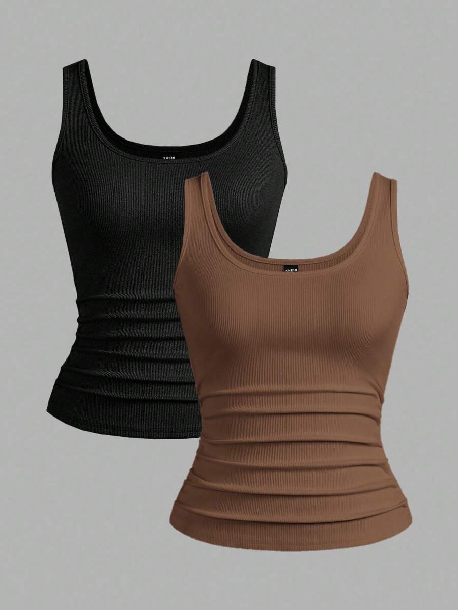 Slaydiva 3件装 黑色+白色 休闲基本款工字背心 窄罗纹针织 女式吊带背心 - 棕色 - 查看 1