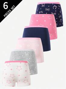 6 piezas de calzoncillos tipo bóxer de algodón con estampado de leopardo, corazón, lazo y estrella para niñas preadolescentes, moda de regreso a la escuela - Multicolor - Ver 2