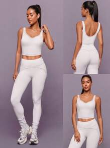 GLOWMODE FeatherFit™ Sweet Glow Soft Stretchy Sweat-Wicking Contrasting Dotted Line Removable Cups Sweetheart Neck Active Tank Top Low-Impact Yoga Pilates Studio Gym Daily Active  Spring Summer - White - View 7