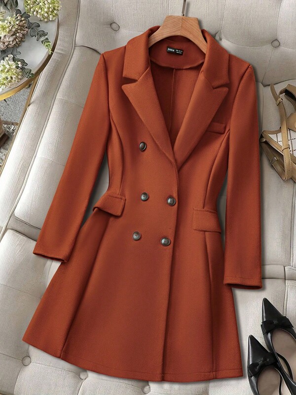 Pariaura Lapel Neck Double Breasted Overcoat,Ladies Late Fall Elegant Double Button Regular Sleeve Lapel Regular Fit Burnt Orange Plain Women Overcoats,Casual Daily Wear