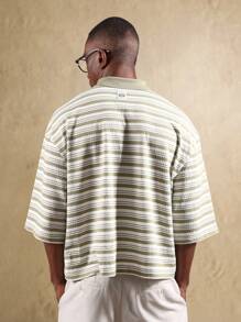 SUMWON Oversized Passform gestreiftes Poloshirt mit klassischem langem Knopfleistendesign, locker, retro, lässig, Wochenende, minimalistisch, atmungsaktiv, moderner urbaner Streetwear - Grün - Übersicht 2